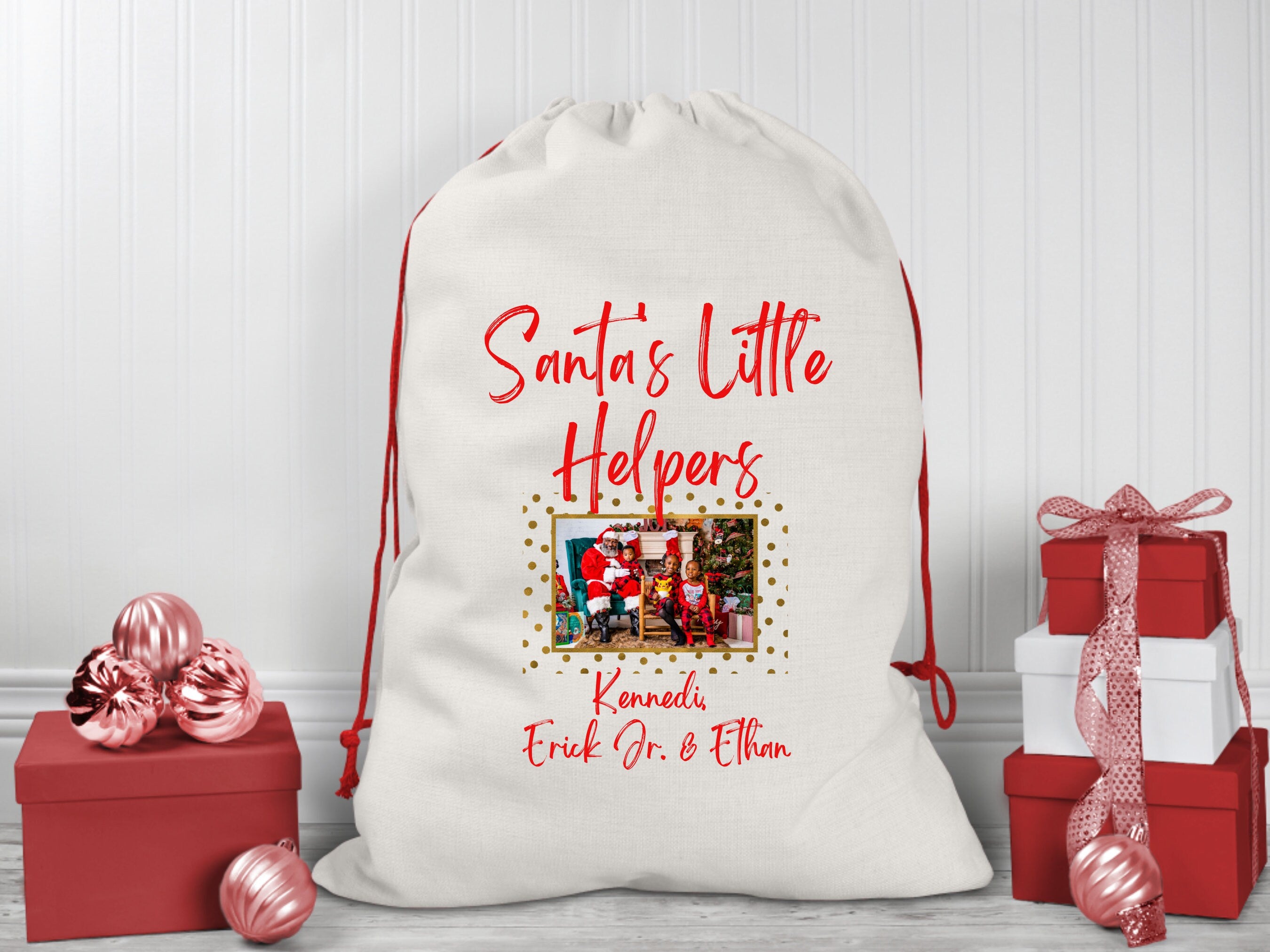 Custom Santa Sacks - Christmas Bags - Gift Wrapping Paper - Sustainable Gifts - Santa's Little Helper - Drawstring Bag