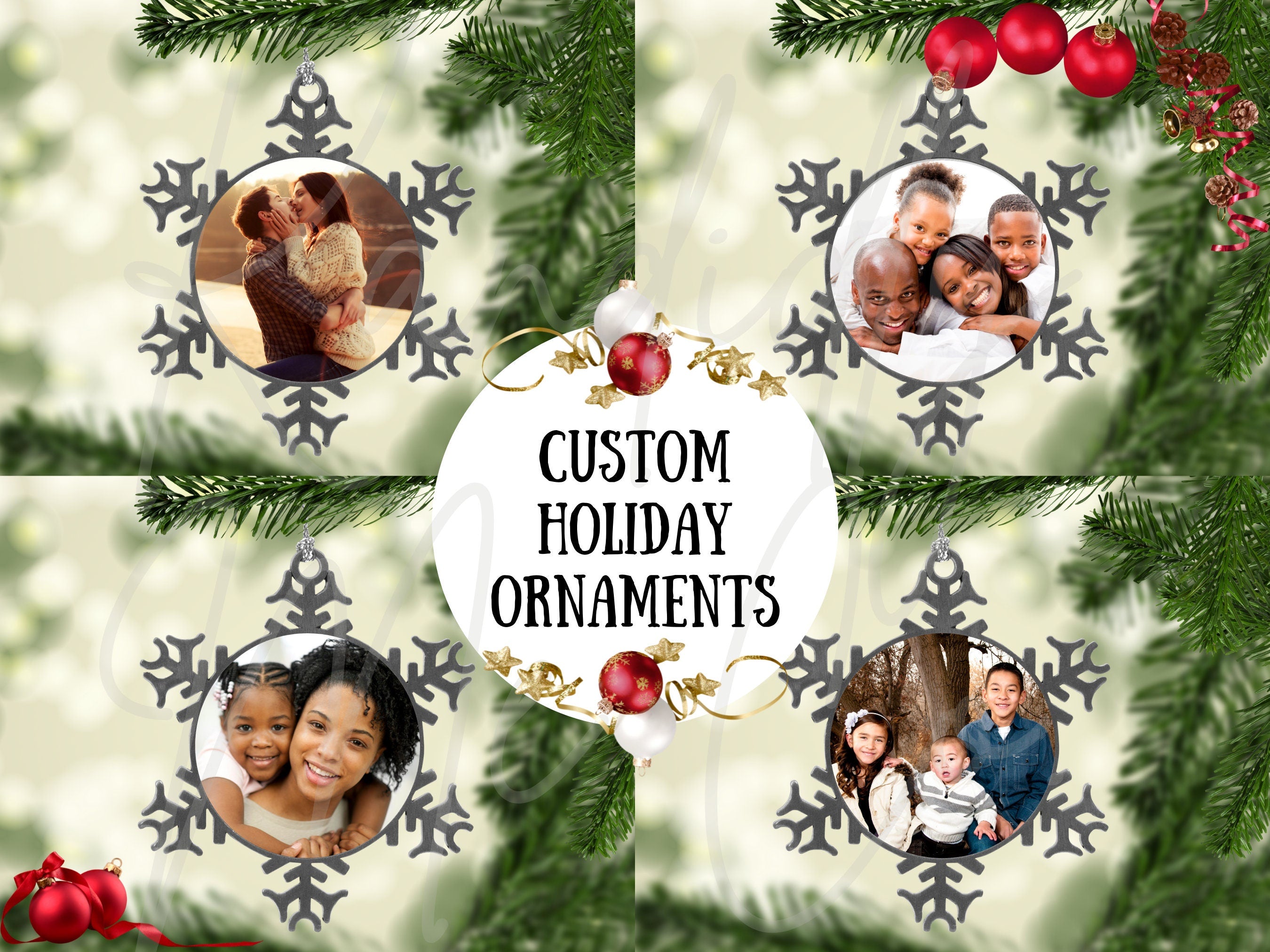 Photo Ornament - Pewter Snowflake Ornament - Custom Ornament - Family Ornament - Gifts for her - Christmas Ornament - Family Gifts